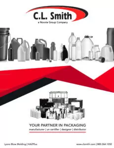 A collage of various plastic containers, such as bullet bottles, jugs, and drums, set against a white background with red and black accents. Text: "C.L. Smith, Your Partner in Packaging. Manufacturer, UN certifier, designer, distributor.